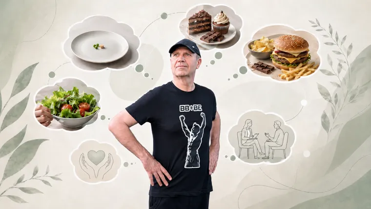 Aleksandr Bessarabov in a BB+BE shirt, surrounded by thoughts about food: an empty plate, cake, a burger, salad, self-care, and a talk with a specialist